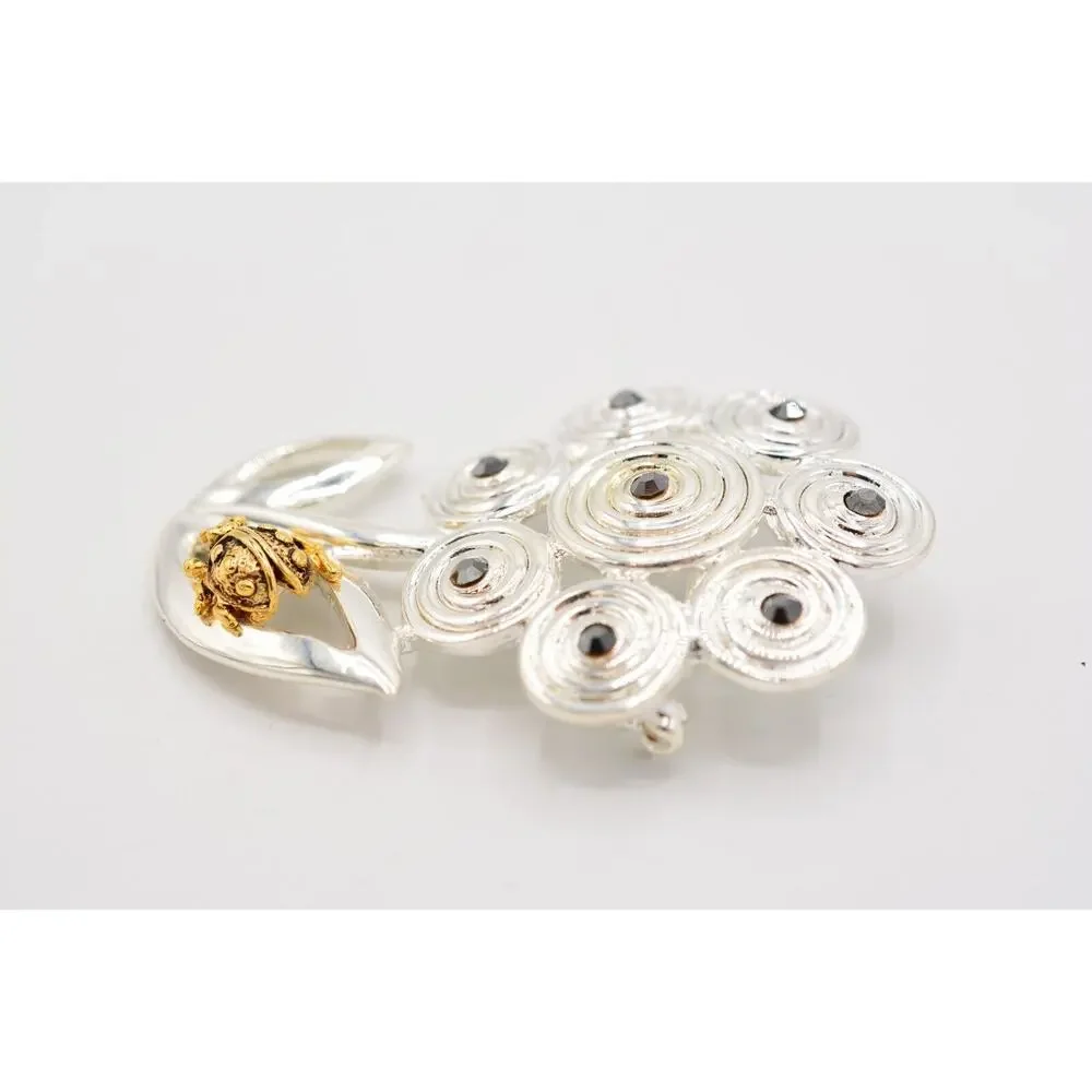 Danecraft Vintage Flower Pin Brooch Ladybug Rhinestone Signed NOS 1980s BinA10